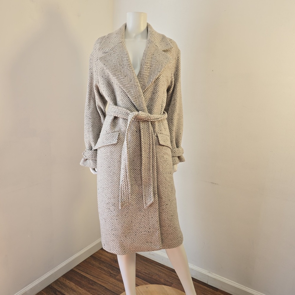Express Edition Herringbone Tweed Wrap Coat Sz M Tan Belted Womens Overcoat